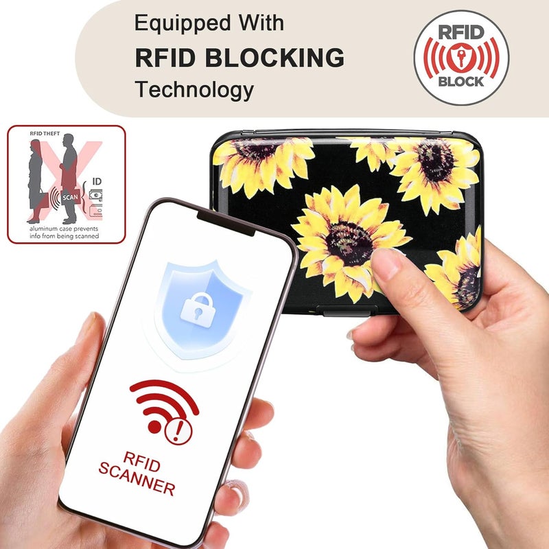 ELFISH Mini RFID Aluminum Wallet Credit Cards Holder Business Card Case Metal ID Case for Men Women (Yellow sunflower) - Image 2